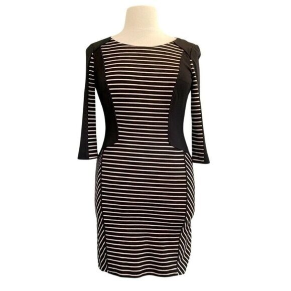 ANTONIO MELANI Dresses & Skirts - Antonio Melani 3/4 Sleeve Tan - Black Striped Color Block Knit Dress Size 12
